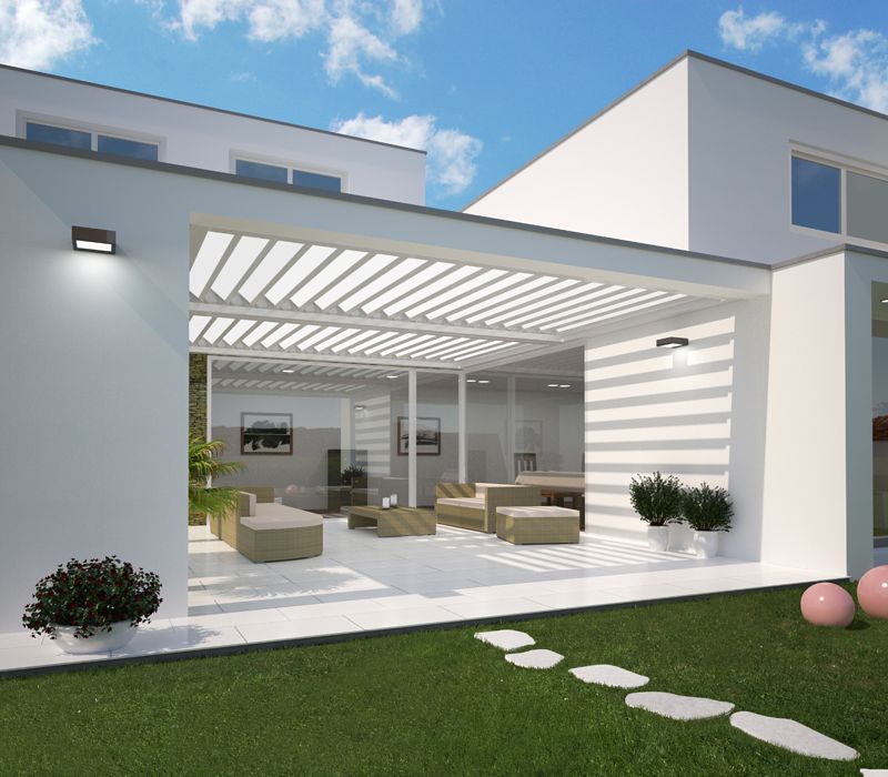 Modernes Haus mit integriertem Terrassendach, Allwetterdach ESCO